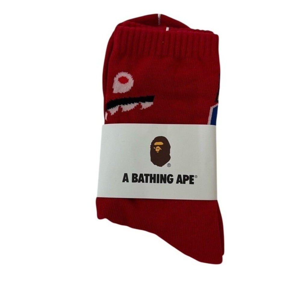 Bape Crew Socks WGM Logo Mens Womens Unisex Size 9-11 Red Shark Mouth Hype New